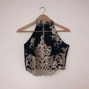 Embroidered Black and Gold Crop Top!